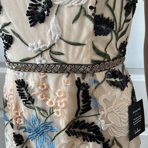 NWT Lulu’s formal beaded sequin evening dress S cream embroidered overlay sexy - Picture 4 of 15